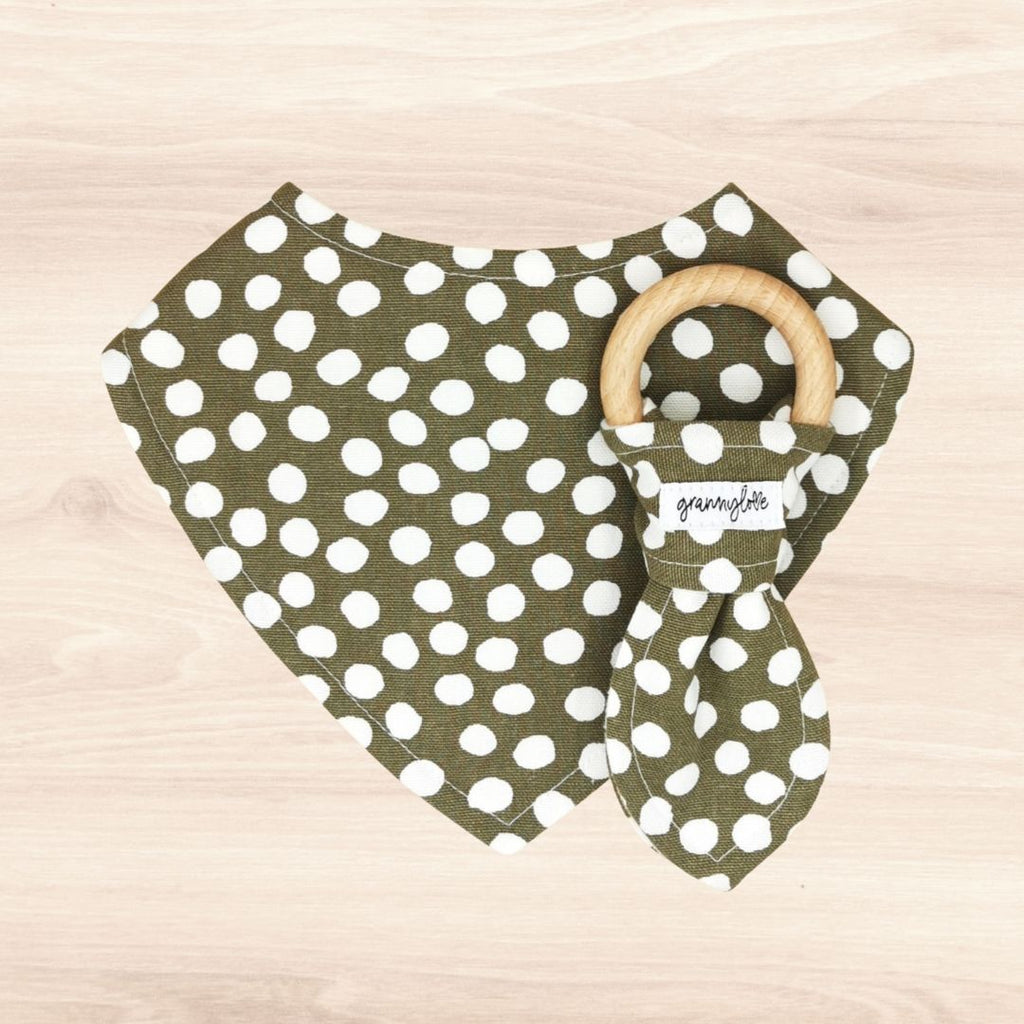 Sage Polka Dot Dribble Bib & Sage Polka Dot Teething Ring
