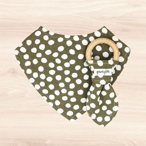 Sage Polka Dot Dribble Bib & Sage Polka Dot Teething Ring